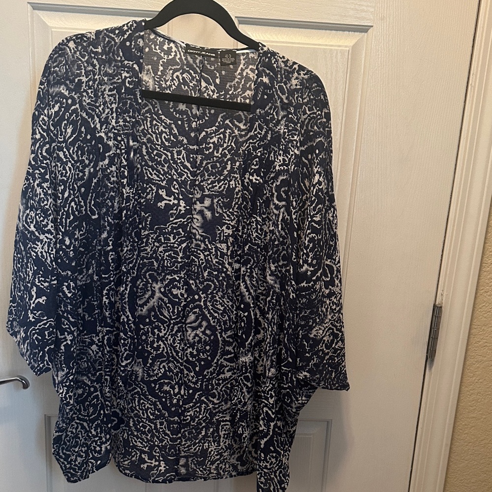 DKNY 100% Cotton Abstract Navy and White Open Front Kimono Top Size M